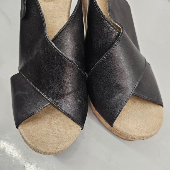 Denver Hayes Quad Comfort Women's Black Leather Cork Wedge Sandals Adjustable - Picture 3 of 9